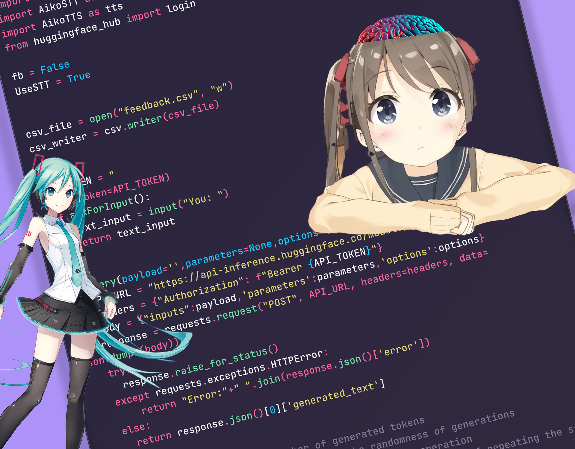 Aura is an AI V-tuber written in python and uses Neo-GPT as the model using an API.